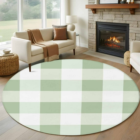 Sage Green Buffalo Check 8ft Round Rug, Farmhouse Plaid Modern Geometric Non-Skid Rubber Backing Large Area Rugs - Living Room Bedroom Home Office, Indoor Floor Mat Carpets Washable Rug