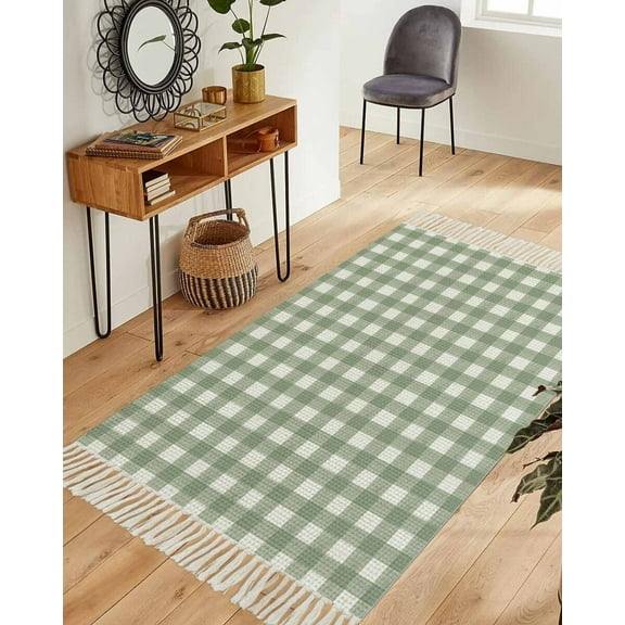 Sage Green Buffalo Plaid Area Rug 3x5ft Woven Runner Rug,Farmhouse Green White Checkered Washable Living Room Hallway Bedroom Kitchen Carpet with Tassels,Indoor Outdoor Throw Door Mat for Entryway