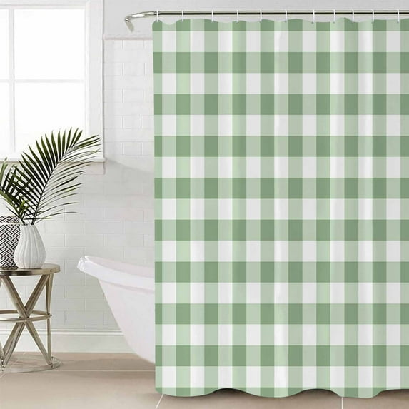 Sage Green Buffalo Plaid Bathroom Curtain 78 Inch Shower Curtain with Hooks, Green White Checkered Farmhouse Waterproof Polyester Bath Curtain Washable Bathtub Curtain 72''x 78''