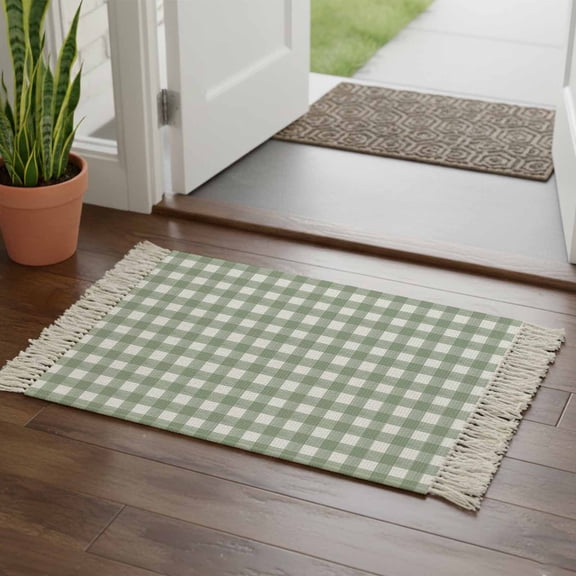 Sage Green Buffalo Plaid Bathroom Rug 2'x3', Farmhouse Green White Checkered Low Profile Front Entryway Rug with Tassels, Woven Cotton Washable Kitchen Mat Carpet for Foyer Bedroom Back Door Decor
