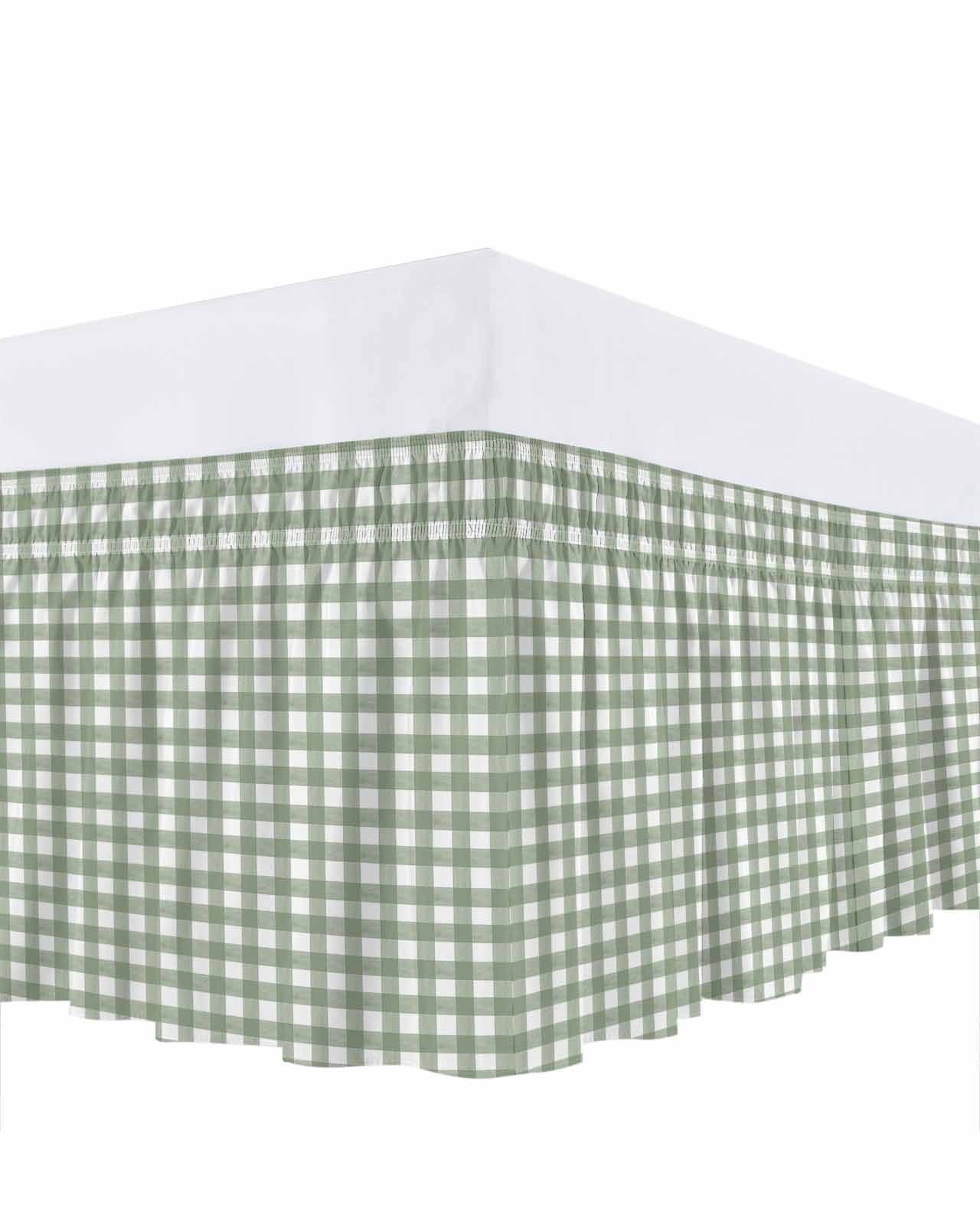 Sage Green Buffalo Plaid Bed Skirt Cal King Size, Farmhouse Green White Checkered Wrap Around Bed Skirting with Adjustable Elastic Strap, Dust Ruffled Pleated Bedskirts 16 Inch Drop for Bedroom Beds
