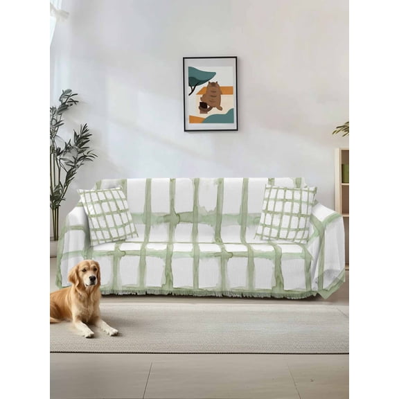 Sage Green Buffalo Plaid Couch Cover for Dogs, Farmhouse Check Stripes Geometric Washable Sofa Covers Slipcover for Pets Dogs Futon Cover, Couch Recliner Covers, Oversized Chair Slipcover 71"x91"