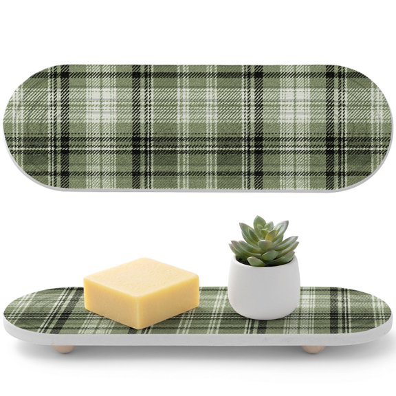 Sage Green Buffalo Plaid Diatomaceous Earth Coasters, Rustic Farmhouse Water Absorbent Diatomite Coaster, Bathroom Tray Stone Dish Drying Mat Kitchen Sink Tray 12x4in