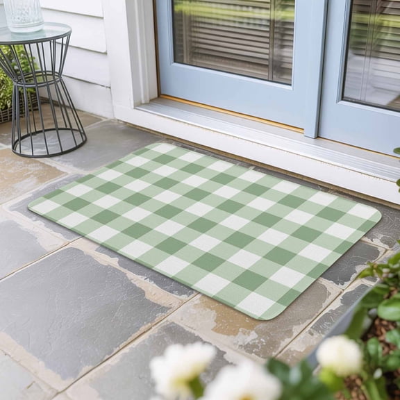 Sage Green Buffalo Plaid Door Mat Indoor Outdoor,Green White Checkered Farmhouse Non Slip Welcome Mat with Rubber Backing,Absorbent Fabric Front Door Mats Entryway Rug for Home Patio Entrance 16"x24"