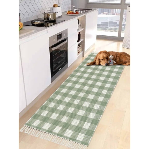 Sage Green Buffalo Plaid Entryway Runner Rug 2x4ft,Farmhouse Green White Checkered Washable Woven Living Room Hallway Bedroom Kitchen Carpet with Tassels,Indoor Outdoor Throw Door Mat for Entryway