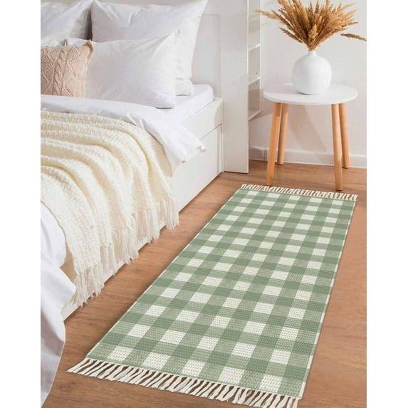 Sage Green Buffalo Plaid Hallway Runner Rug 2x5ft,Farmhouse Green White Checkered Washable Woven Living Room Bedroom Kitchen Bathroom Carpet with Tassels,Indoor Outdoor Throw Door Mat for Entryway