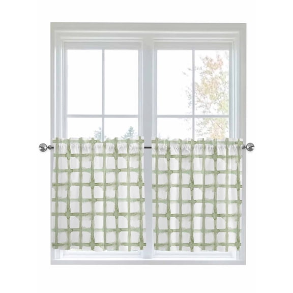 Sage Green Buffalo Plaid Kitchen Curtains Tier 24 Inch Length, Farmhouse Check Stripes Geometric Rod Pocket Light Filtering Window Curtains Living Room Bedroom Curtain Drapes Cafe Curtain 27.5x24x2