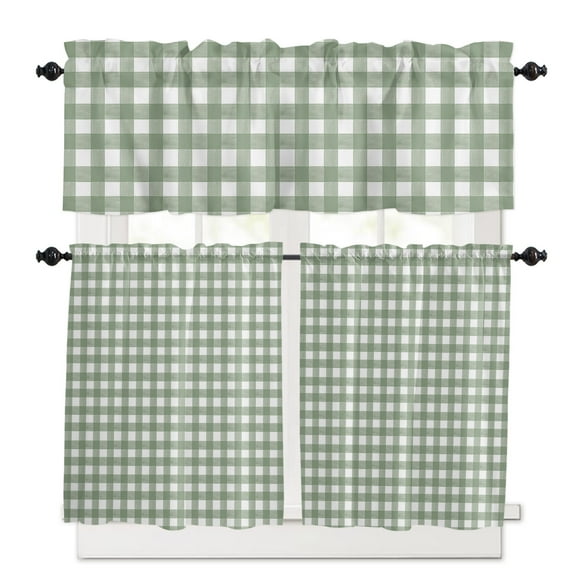 Sage Green Buffalo Plaid Kitchen Curtains and Valances Set, 3 Piece Kitchen Curtains Set 24 Inch Length, Farmhouse Green White Checkered Rod Pocket Curtains Tier Farmhouse Window Curtains