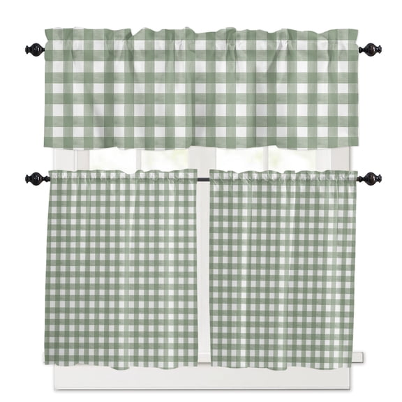 Sage Green Buffalo Plaid Kitchen Curtains and Valances Set, 3 Piece Kitchen Curtains Set 36 Inch Length, Farmhouse Green White Checkered Rod Pocket Curtains Tier Farmhouse Window Curtains