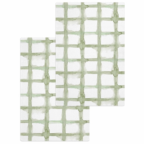 Sage Green Buffalo Plaid Kitchen Dish Towels for Drying Dishes Set of 2, Farmhouse Check Stripes Geometric Waffle Weave Microfiber Hand Tea Bathroom Towels Quick Dry & Absorbent Towel 15.7x23.6
