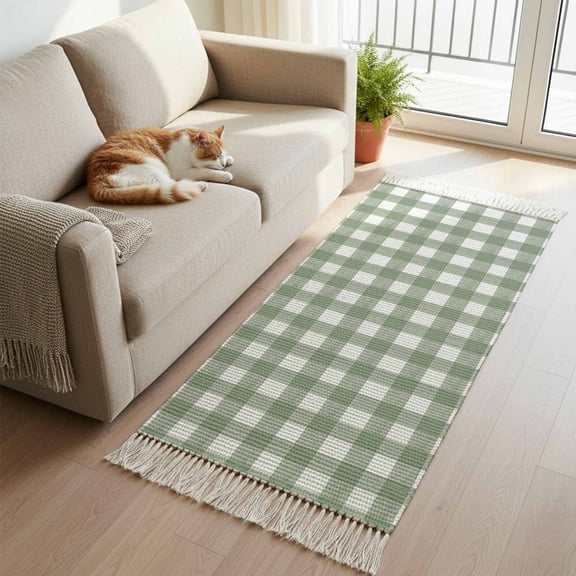 Sage Green Buffalo Plaid Kitchen Runner Rug 2'x4',Farmhouse Green White Checkered Washable Rug with Tassels,Non Slip Woven Cotton Bathroom Rugs Hallway Carpet for Foyer Bedroom Entry Back Door Decor