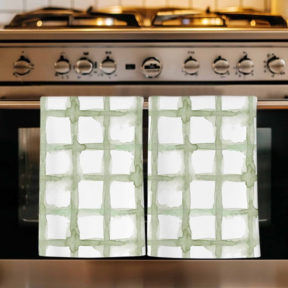 Sage Green Buffalo Plaid Kitchen Towels Set of 3, Farmhouse Check Stripes Geometric Absorbent Dish Towels for Kitchen, Microfiber Hand Towel, Quick Drying Tea Towel for Cleaning Decorative Dishcloths