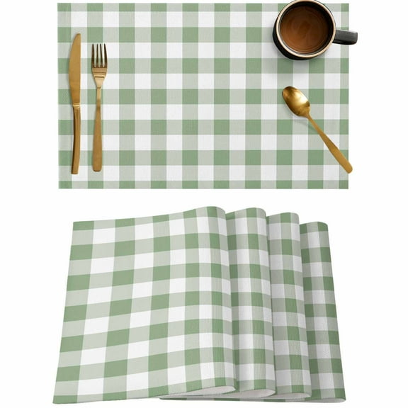 Sage Green Buffalo Plaid Placemats Set of 4,Wipeable Washable Table Mats for Dining Tables,Country Gingham Check Place Mats for Kitchen Event Party Tabletop Decor