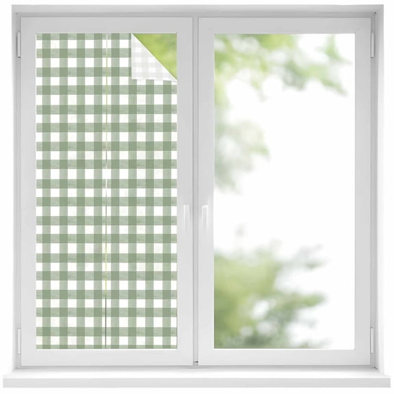 Sage Green Buffalo Plaid Privacy Window Film,Decorative Frosted Glass Window Film,Farmhouse Green White Checkered Reusable Peel and Stick Static Cling for Home Bathroom Office Glass Door 17.7"x39.3"