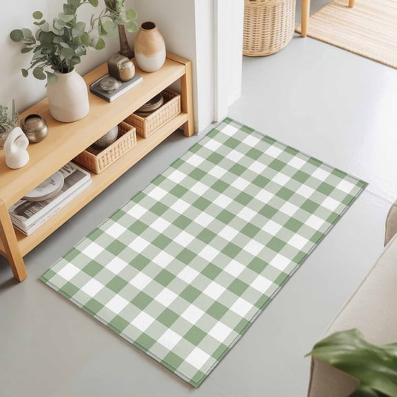Sage Green Buffalo Plaid Rectangle Area Rug 2x3ft,Living Room Rug Non-Slip Washable Circle Rugs Pad,Country Gingham Check Soft Floor Carpet for Bedroom Dining Room