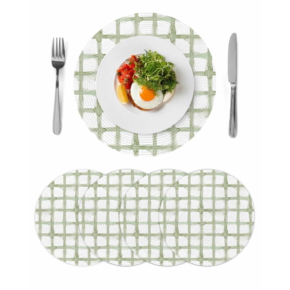 Sage Green Buffalo Plaid Round 13 Inch Placemats Set of 4, Farmhouse Check Stripes Geometric HeatResistant Non Slip Place Mats for Dining Table, Wipeable Braided Kitchen Table Mats for Housewarming