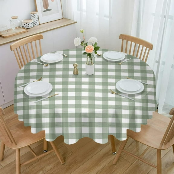 Sage Green Buffalo Plaid Round Tablecloth 60 Inch - Waterproof Fabric Table Cloth Protector, Farmhouse Green White Checkered Tablecloths Washable Table Cover for Kitchen Banquet Coffee Table Party