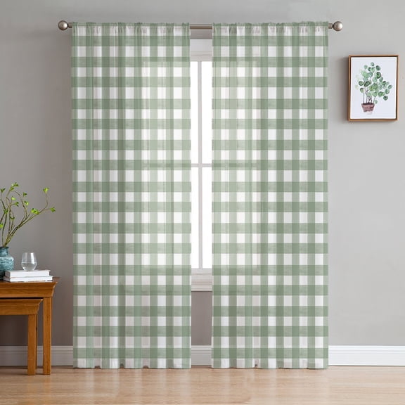 Sage Green Buffalo Plaid Semi Sheer Curtains 84 Inch Length 2 Panels Set, Farmhouse Green White Checkered Sheer Kitchen Curtain Privacy Voile Window Curtain for Living Room Bedroom Rod Pocket Drapes