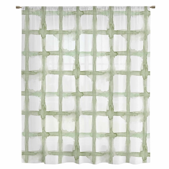 Sage Green Buffalo Plaid Sheer Curtains 45 Inches Long, Farmhouse Check Stripes Geometric Light Filering Curtains, Breathable Simi Curtain Privacy Drapes for Kitchen Bathroom Small Window Treatment