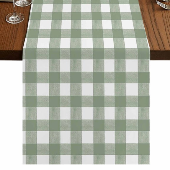 Sage Green Buffalo Plaid Short Table Runner 36 Inches Long,Farmhouse Green White Checkered Cotton Linen Table Runners Dresser Scarves,Tabletop Scarf Furniture Cover for Home Dinner Party Decor13"x36"