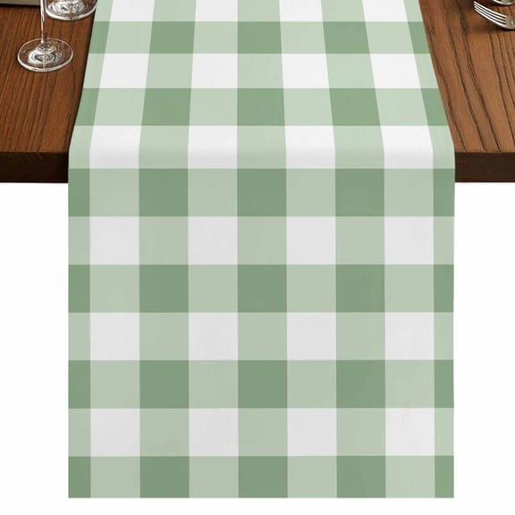 Sage Green Buffalo Plaid Short Table Runner 48 Inches Long,Green White Checkered Farmhouse Cotton Linen Table Runners Dresser Scarves,Tabletop Scarf Furniture Cover for Home Dinner Party 13"x48"