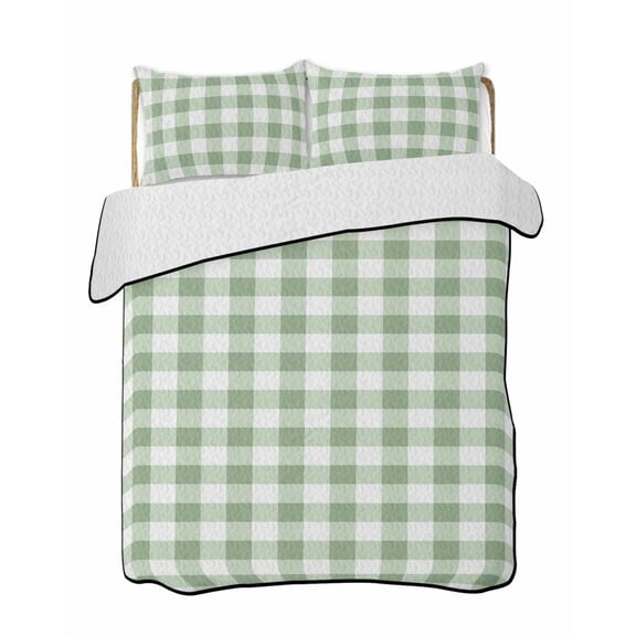 Sage Green Buffalo Plaid Summer Quilt Set Full Size,Soft Quilted Bedding Set with 2 Pillow Shams,Green White Checkered Farmhouse Lightweight All Season Bedspread Coverlet for Bedroom 78"x90"