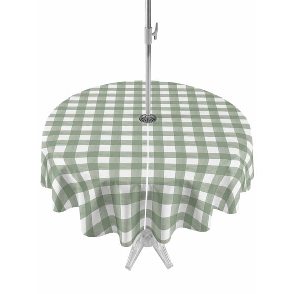 Sage Green Buffalo Plaid Table Cloth Round Tablecloth, Farmhouse Green White Checkered Waterproof Wrinkleproof Table Cover with Umbrella Hole and Zipper for Party/Dining/Patio/Wedding 60 Inch
