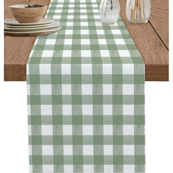 Sage Green Buffalo Plaid Table Runner 48 Inches, Farmhouse Green White Checkered Bed Runner Dresser Scarves Tabletop for Indoor Outdoor Parties/Ceremony/Banquet, 13" x 48"