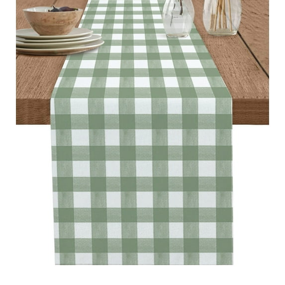 Sage Green Buffalo Plaid Table Runner Farmhouse Green White Checkered Tablerunners 14 x 72 Inch, Table Decorations Tabletop Scarf for Summer Gathering Holiday Farmhouse Kitchen Dining Decor