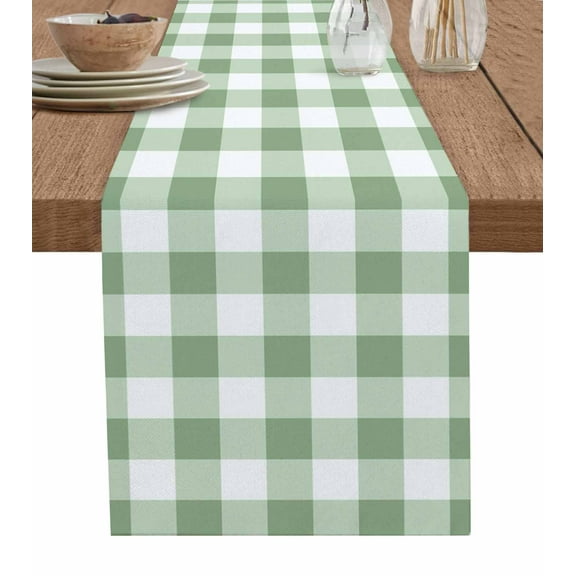 Sage Green Buffalo Plaid Table Runner Green White Checkered Farmhouse Tablerunners 13 x 72 Inch, Table Decorations Tabletop Scarf for Summer Gathering Holiday Farmhouse Kitchen Dining Decor