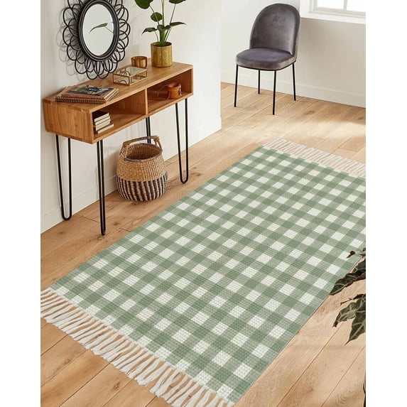 Sage Green Buffalo Plaid Washable Area Rug 3'x5',Farmhouse Green White Checkered Woven Cotton Tassels Kitchen Rugs,Non Slip Indoor Door Mat Throw Carpet for Entryway Living Room Nursery Laundry Room