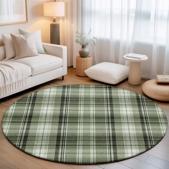 Sage Green Buffalo Plaid Washable Round Area Rug 8 ft, Rustic Farmhouse Soft Non Slip Rugs Stain Repellent Indoor Felt Carpet for Living Dining Room Bedroom Home Office