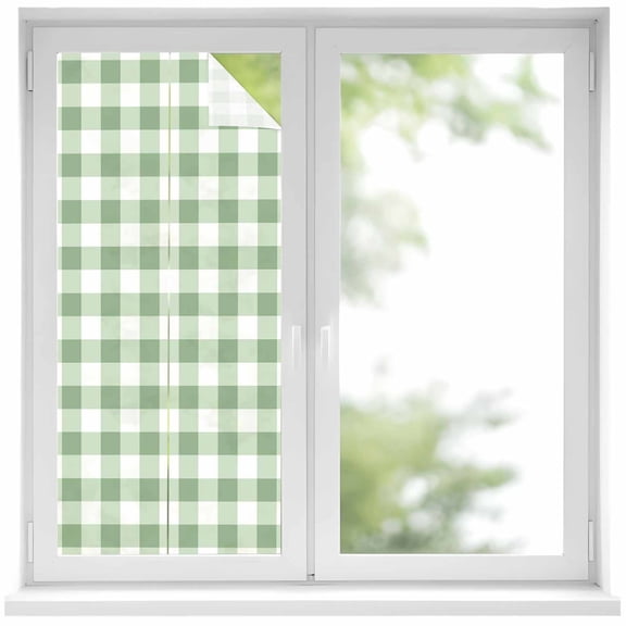 Sage Green Buffalo Plaid Window Privacy Film, Green White Checkered Farmhouse Static Cling UV Sun Blocking Heat Control Window Tint, Non-Adhesive One Way Windows Privacy Cover 19.6''x39.3''