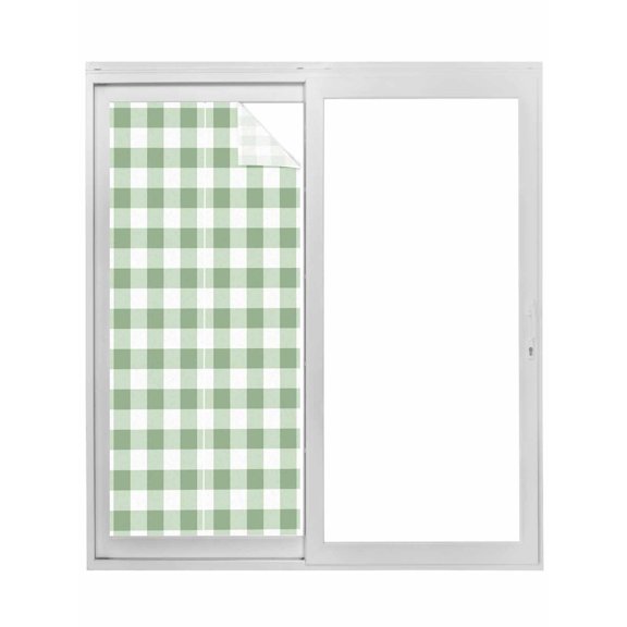 Sage Green Buffalo Plaid Window Privacy Film, Green White Checkered Farmhouse Static Cling UV Sun Blocking Tint Film Heat Control Windows Films for Bedroom Bathroom, Window Stickers 23.6"x59"