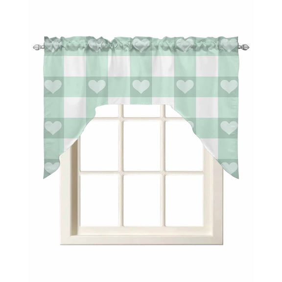 Sage Green Buffalo Striped Kitchen Swag Valances for Windows, Love Heart Checkered Swag Valances Curtains for Living Room, Rod Pocket Window Treatments for Bathroom, Bedroom, Cafe, 56"x36"