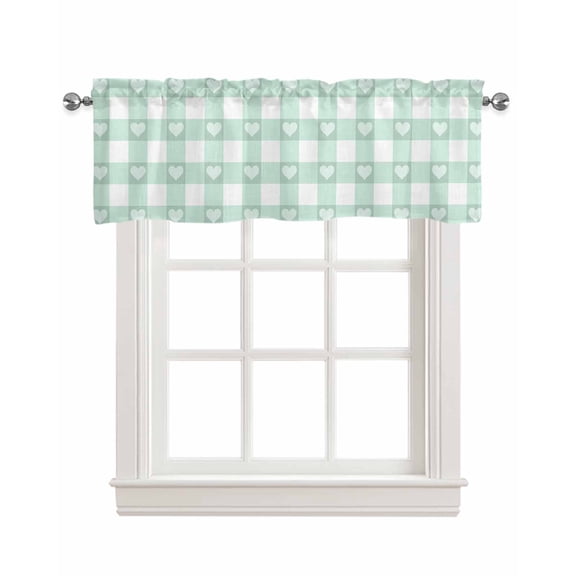 Sage Green Buffalo Striped Kitchen Valances for Windows Farmhouse Linen Window Valance Curtain for Living Room Window Treatment Love Heart Checkered Valance Rod Pocket Topper Drape, 42 x 18 Inch
