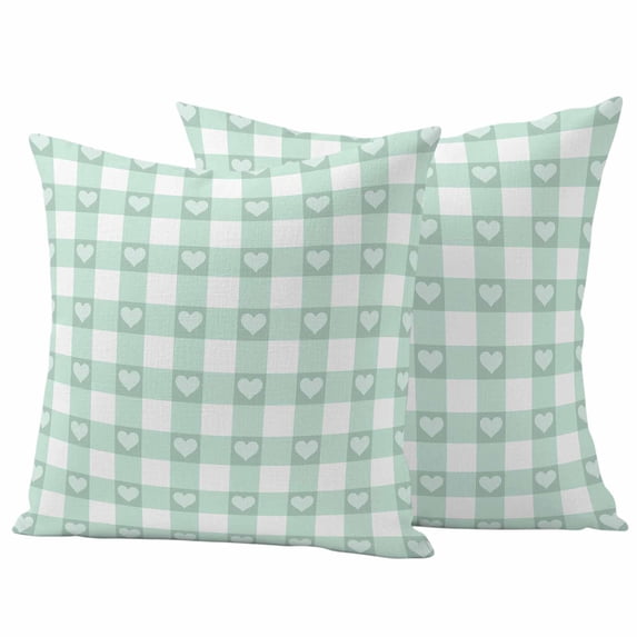 Sage Green Buffalo Striped Outdoor Waterproof Pillow Covers, Love Heart Checkered Decorative Square Throw Pillowcase Sofa Cushion Sham for Patio/Couch/Chair, 18"x18" 2 Pack