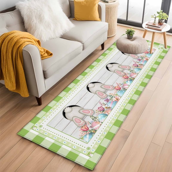 Sage Green Bunny Easter 2'x6' Runner Rugs for Hallway Kitchen Bedside Non Slip, Eggs Spring Floral Rabbits Wooden Entryway Rug Runners with Rubber Backing, Long Carpet Runner for Laundry Room