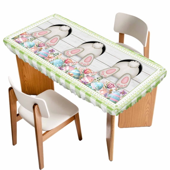Sage Green Bunny Easter Table Cloths for 4 Foot Rectangle Tables, Eggs Spring Floral Rabbits Wooden Patio Waterproof Elastic Fitted Tablecloths, Washable Rectangular Table Cover for Camping