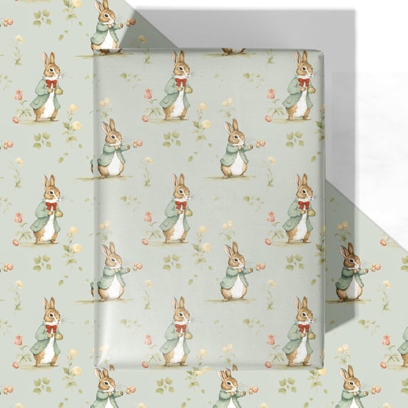 Sage Green Bunny Wrapping Paper - 4 Jumbo Sheets, 28 * 40 Inches - Watercolor Rabbit Floral Gift Wrap, Perfect for Kids Baby Shower, Birthday, Spring, Easter, Wedding