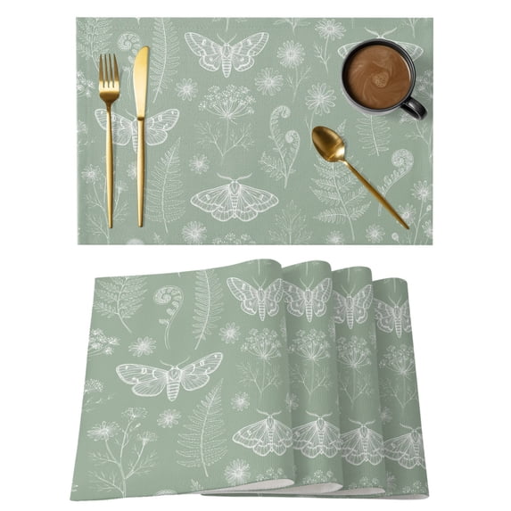 Sage Green Butterfly Botanical Placemats Set of 2 Summer Plants Line Art Place Mats Indoor Wipeable Table Mats Washable Cloth Dining Table Placemats for Kitchen Holiday Party Home Decor 13x19 Inch