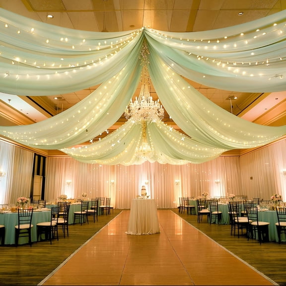 Sage Green Ceiling Drapes with Lights String for Weddings, 6 Panels 5ftx10ft Sheer Tulle Backdrop Photo Background Drapes for Wedding Ceremony Birthday Party Arch Decoration