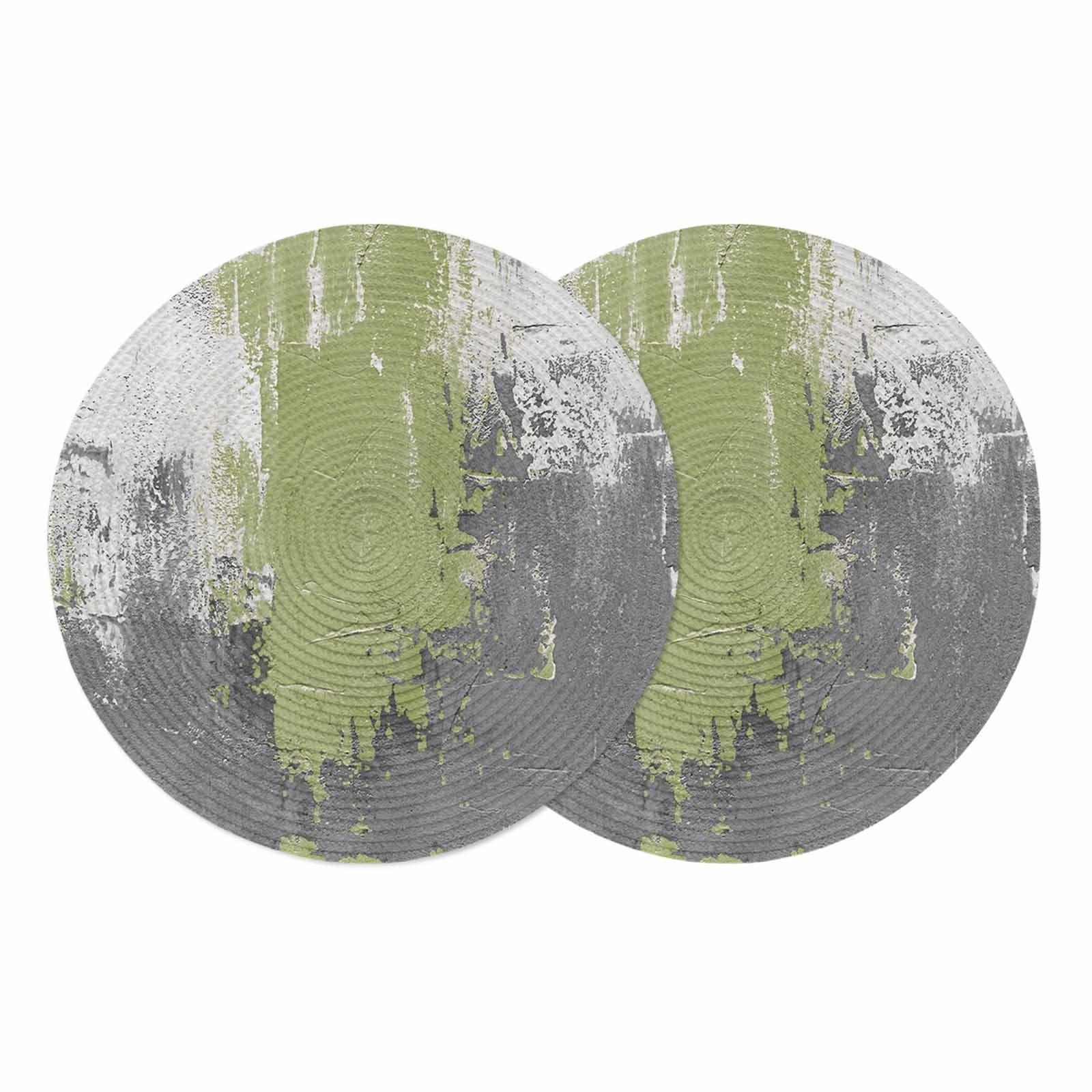 Sage Green Cement Gray Round 13 Inch Placemats Set of 2, Modern Abstract Art Green HeatResistant Non Slip Place Mats for Dining Table, Wipeable Braided Kitchen Table Mats for Housewarming