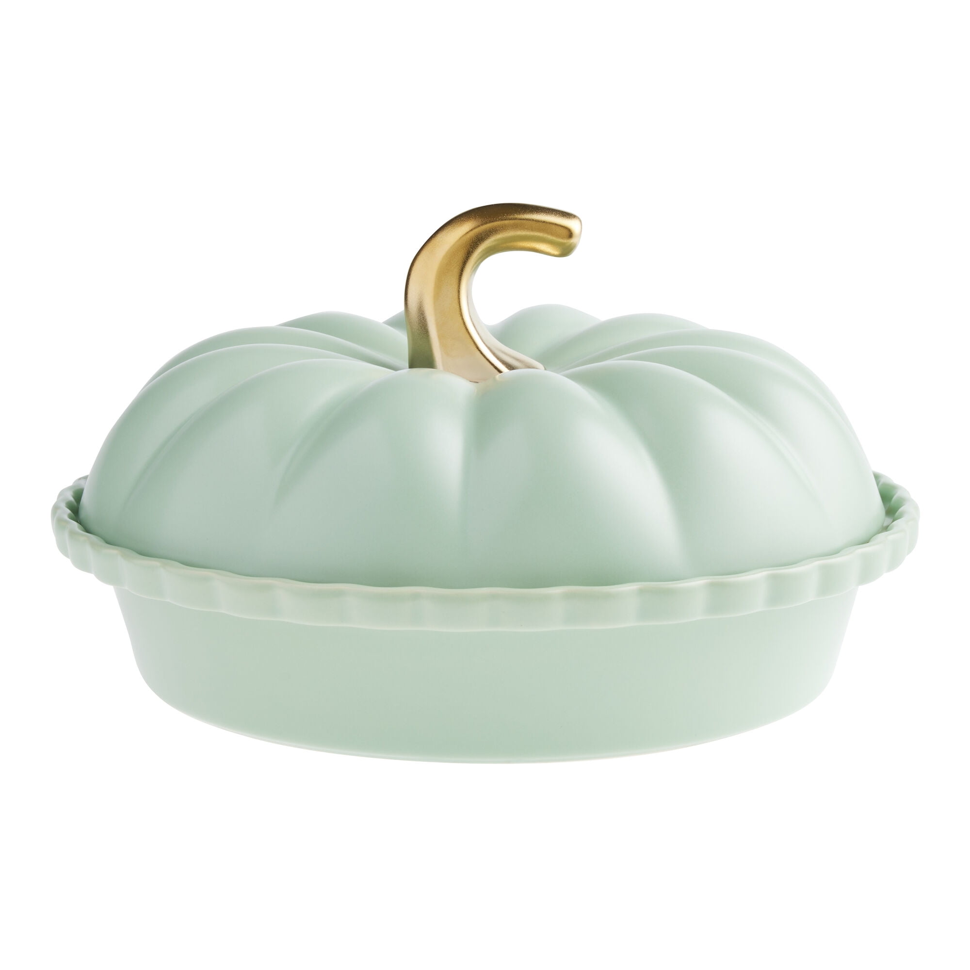 Sage Green Ceramic Pumpkin Shaped Deep Pie Dish with Lid Pack of 2