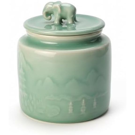 Sage Green Ceramic Storage Jar with Elephant Lid  Handmade Celadon Canister for Tea, Herbs & Spices, Airtight Jar for Kitchen, Feng Shui Gift & Home Dcor$$Home Decor, Kitchen, & Other
