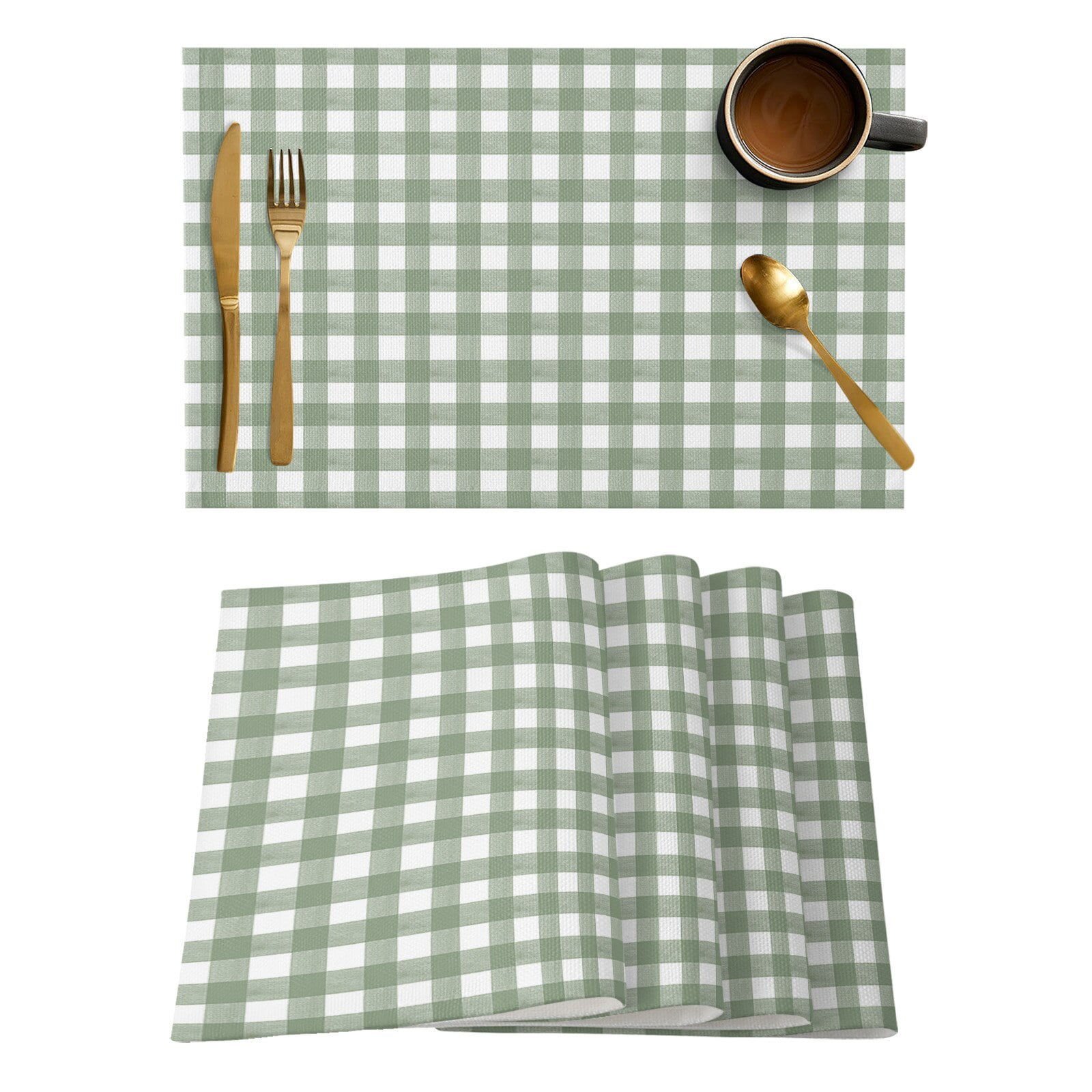 Sage Green Check Placemat for Dining Table Tableware Mats 4/6pcs