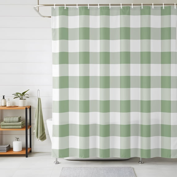 Sage Green Check Shower Curtains for Bathroom, Modern Rustic Green Buffalo Plaid Waterproof Fabric Shower Curtain, Decorative Bathroom Curtain for Bathtub, 72"x72" , No Hooks Included