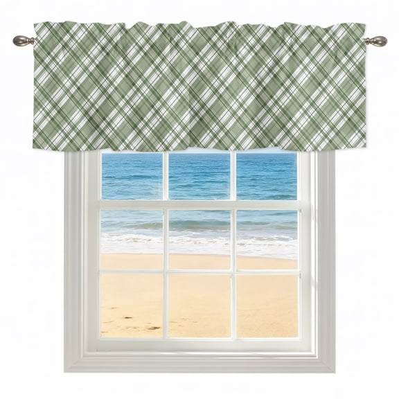 Sage Green Checked Plaid Valances for Windows, Rod Pocket Kitchen Valance Curtains - Soft & Washable Small Window Treatment for Living Room, Bathroom, Diagonal Weave Lines 42x12inch, 1 Panel