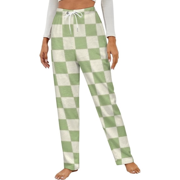 Sage Green Checkerboard Pattern Background Winter Female Pants Flannel High Waist Women Pants Lady Warm Straight Leg Plush Trousers
