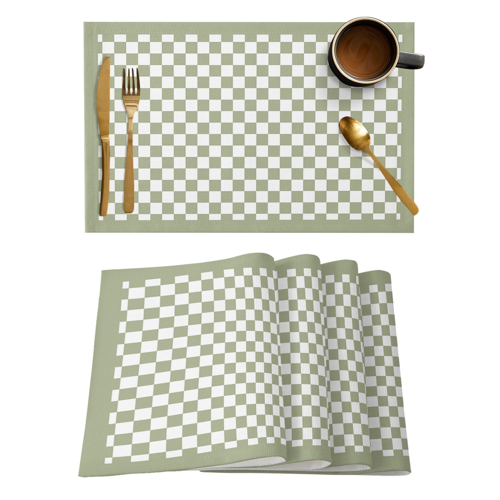 Sage Green Checkerboard Placemat for Dining Table Tableware Mats 4/6pcs